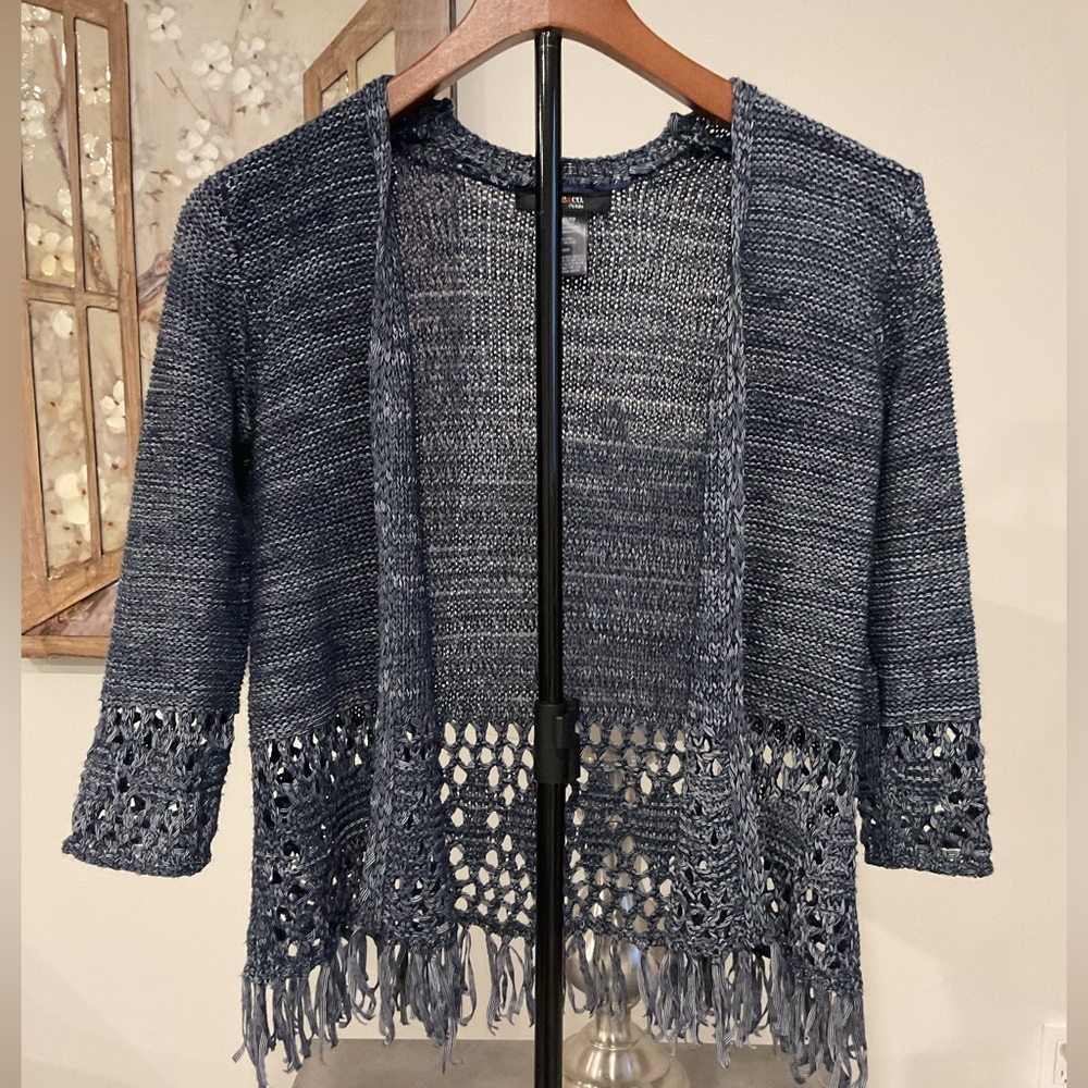 Crochet denim blue  acrylic sweater with 3/4 sleeves and fringed bottom